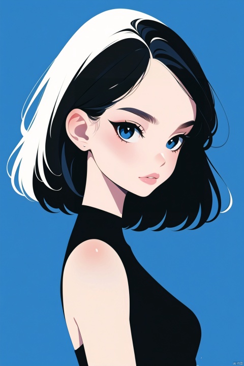 (Masterpiece :1.2), best quality, higher, very detailed CG, perfect lighting, 8k wallpaper, minimalist pure white background, a pouting girl, black hair, halter tank top, blue background