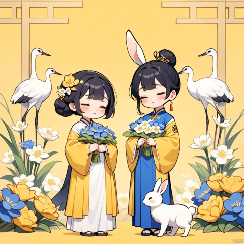 New Chinese, three girls, mother and son, closed eyes, black hair, bun, flower, rabbit, hair decoration, standing, blush, long sleeve, yellow background, crane (animal), bun, blue flowers, bangs, white flowers, symmetrical composition, masterpiece, best quality, very aesthetic, absurd,