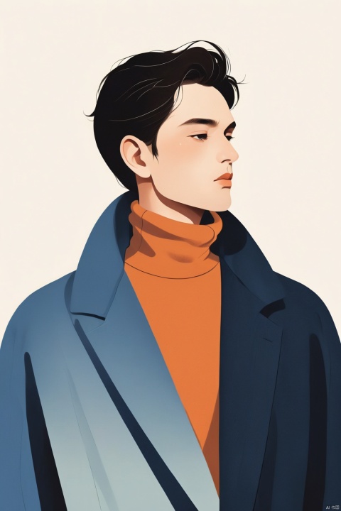 A handsome man with a simple jacket, illustration, minimalism, dreamlike picture, subtle gradients, calm harmony, elegant use of negative space, graphic design inspired illustration