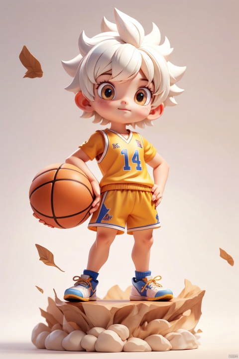 1 male, Animal IP, solo, (Q version :1.2), determined expression, blush, basketball uniform, athlete figure, super short hair, white hair, simple white background, hands on hips
