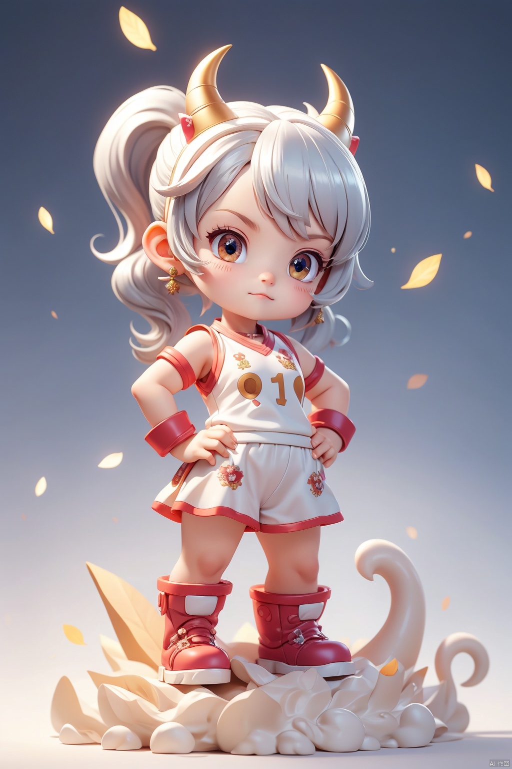 1 little girl, 2 years old, hands on hips, silver hair, side ponytail, solo, (Q version :1.6), IP, (firm expression :1.8), horns, animal features, blush, simple white background, basketball uniform,