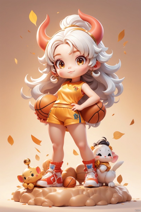 1 girl, (3 years :1.9), solo, (Q version :1.6), IP, firm expression, Mianyang horn, animal features, blush, basketball uniform, simple white background, white hair, pompadour, hands on hips