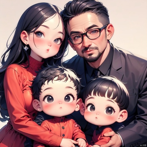 (boutique), (quality), Q edition, 2.5 head body, a family of four people, middle-aged father, middle-aged mother, a girl, a boy, relatives, family photo, Tang suit, simple background,