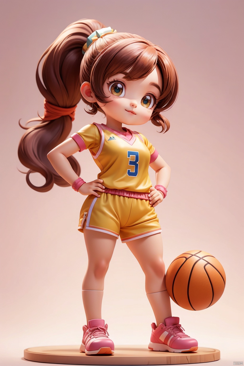 1 girl, animal IP, solo, (Q version :1.2), firm expression, sheep horns, animal mouth, blush, basketball uniform, simple background, pink, woven ponytail, hands on hips