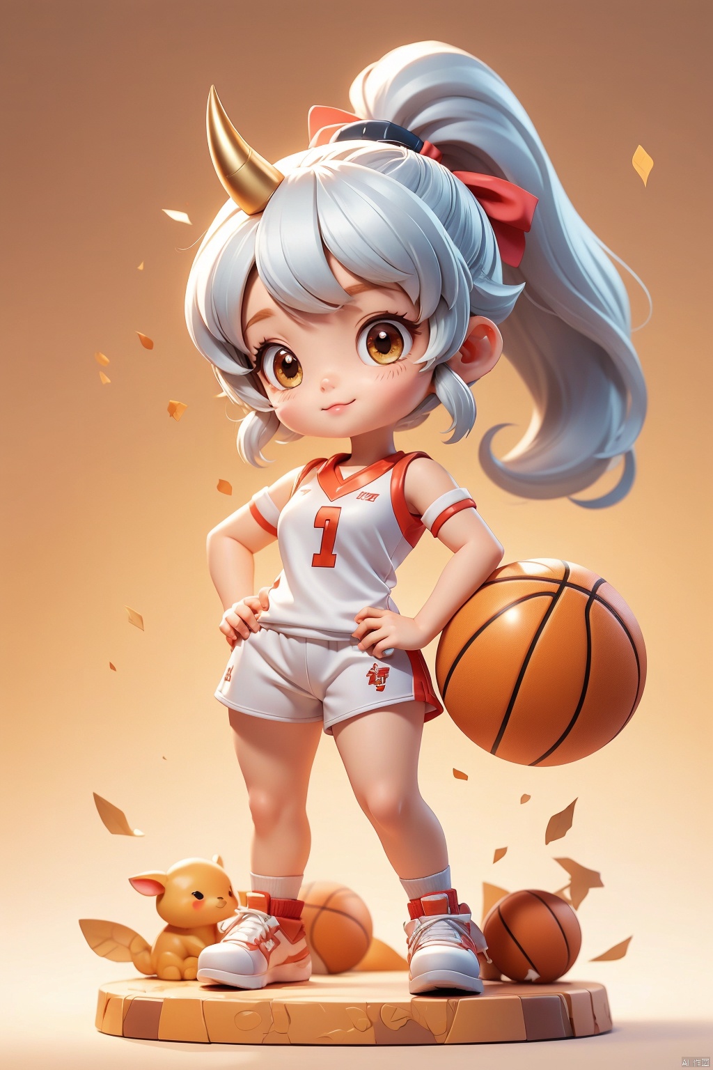 1 girl, 3 years old, solo, (Q version :1.6), IP, determined expression, horns, animal features, blush, basketball uniform, athletic figure, simple white background, silver hair, side ponytail, hands on hips