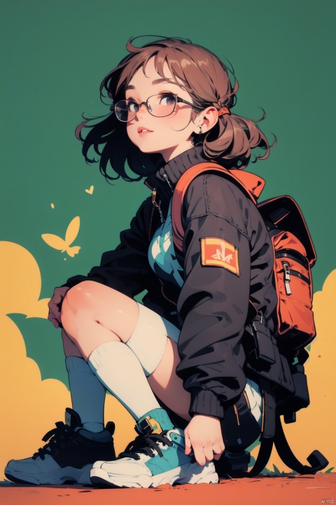 (Masterpiece), (best quality), Q Edition, 1 girl, Motorcyclist, Happy, solo, Red hair, knee pads, brown hair, Simple background, feathered hair, double braids, glasses, shoes, Long sleeves, jacket, Backpack