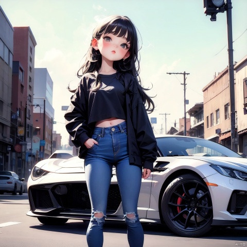 (Masterpiece), (Best quality), Q Edition, 2.5 Head Body, Girl, Smoking, Detective, Black Robe, Jeans, Solo, Long hair, Sports car, Simple background,