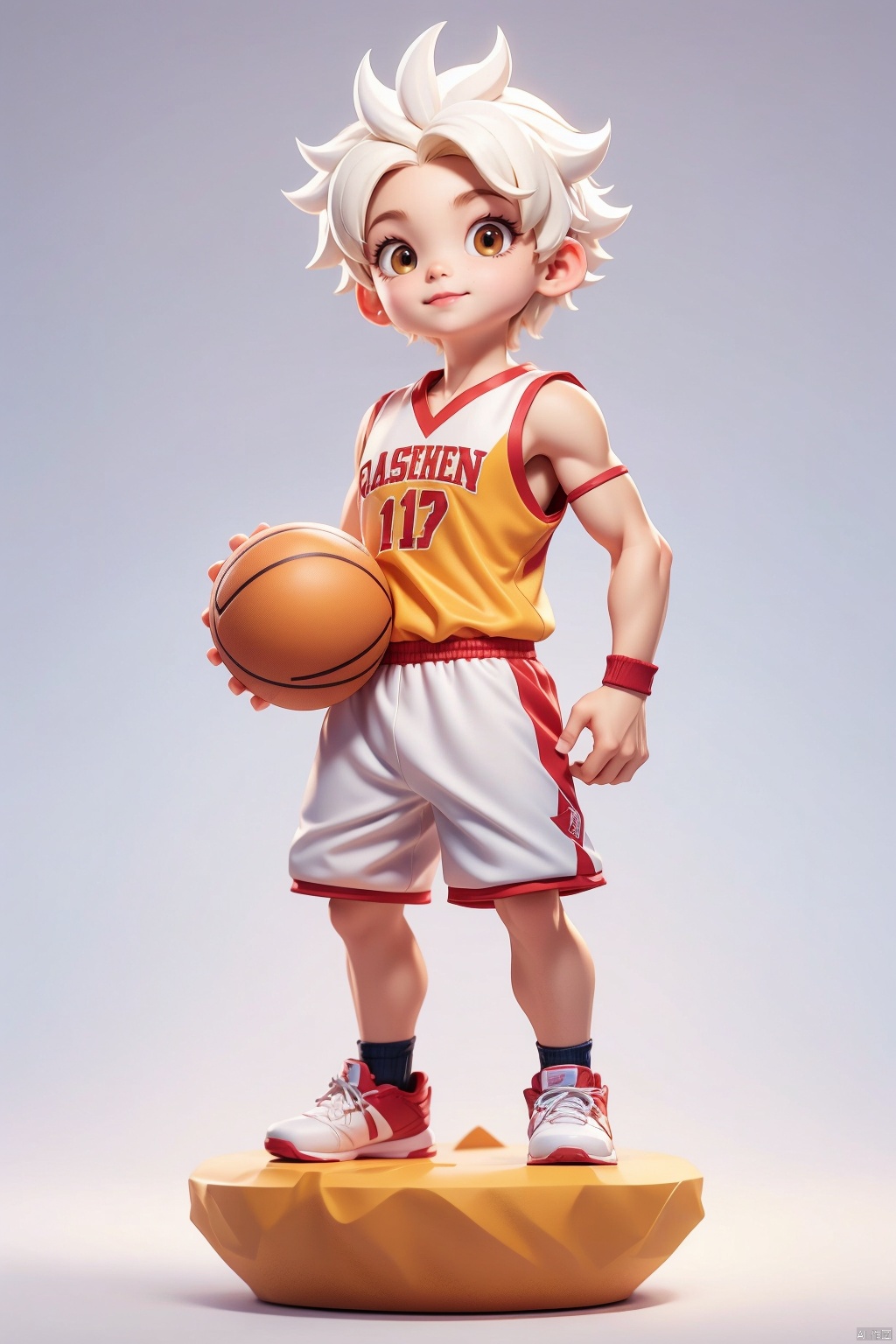 1 male, Sheep IP, solo, (Q version :1.2), firm expression, white hair, blush, basketball uniform, athlete body, simple white background,