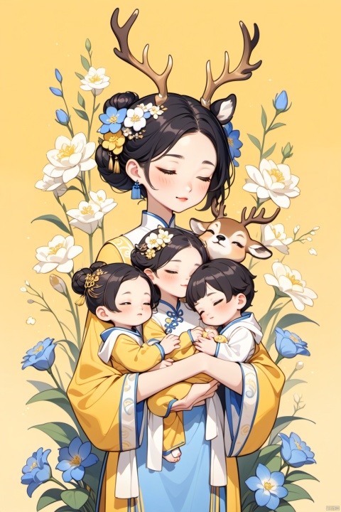 New Chinese, three people, mother holding baby, closed eyes, black hair, bun, flowers, animals, hair ornaments, standing, blush, long sleeves, yellow background, deer (animal), bun, blue flowers, bangs, white flowers, symmetrical composition, masterpiece, best quality, very aesthetic, absurd,