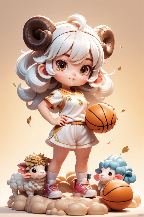 1 girl, (3 years :1.9), solo, (Q version :1.6), IP, determined expression, sheep horns, animal features, blush, basketball uniform, simple white background, white hair, sheep hairstyle, hands on hips