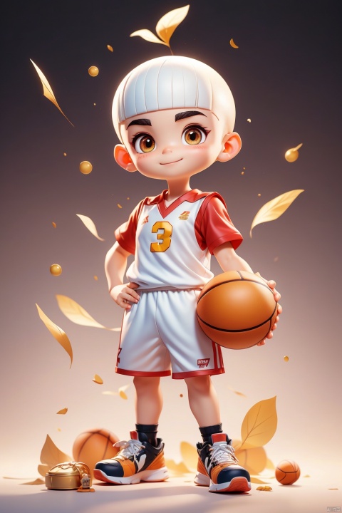 1 Little boy, (3 years :1.9), (Buzz cut :1.4), solo, (Q version :1.6), IP, Yeah, smug, blush, basketball uniform, simple white background, white hair,