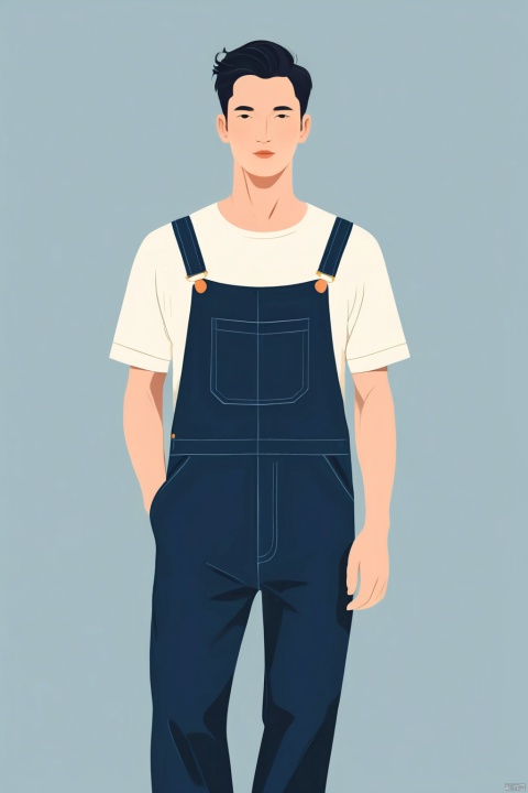 A handsome man in a simple overalls, illustration, minimalism, dreamlike picture, subtle gradation, calm harmony, elegant use of negative space, graphic design inspired illustration