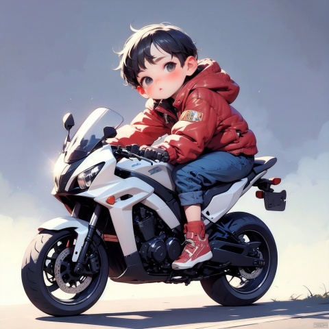 (Masterpiece), (Best quality), Q Edition, 2.5 Head Body, Boy, Solo, Motorcyclist, Simple Background,