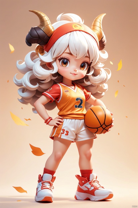1 girl, (3 years :1.9), solo, (Q version :1.6), IP, determined expression, horns, animal features, blush, basketball uniform, simple white background, white hair, small curly hair, hands on hips