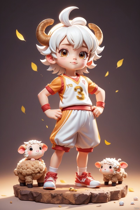 1 Little boy, (3 years :1.9), Bob, solo, (Q version :1.6), IP, determined expression, sheep horns, animal features, blush, basketball uniform, simple white background, white hair, hands on hips