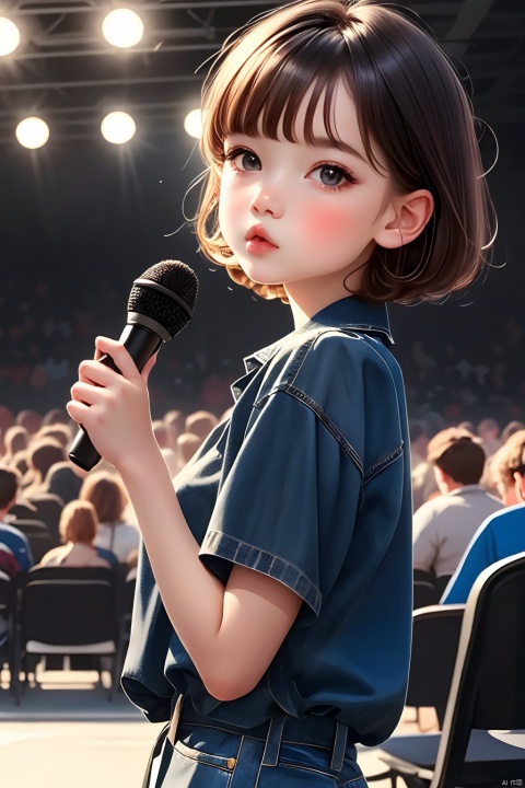 Girl, Q Edition, Illustration, solo, short hair, shirt, looking at the audience, brown hair,