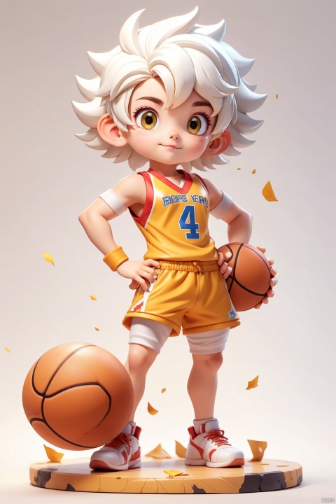 1 boy, Animal IP, solo, (Q version :1.2), determined expression, blush, basketball uniform, athlete figure, super short hair, white hair, simple white background, hands on hips