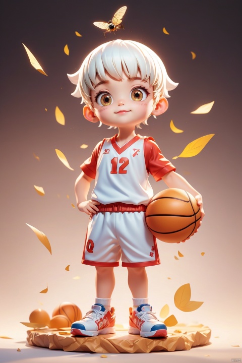 1 Little boy, (3 years :1.9), (Buzz cut :1.3), solo, (Q version :1.6), IP, Fly, firm expression, blush, basketball uniform, simple white background, white hair,