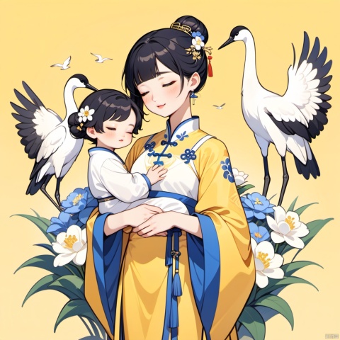 New Chinese, three people, mother holding baby, closed eyes, black hair, bun, flowers, birds, hair ornaments, standing, blush, long sleeves, yellow background, crane (animal), bun, blue flowers, bangs, white flowers, symmetrical composition, masterpiece, best quality, very aesthetic, absurd,