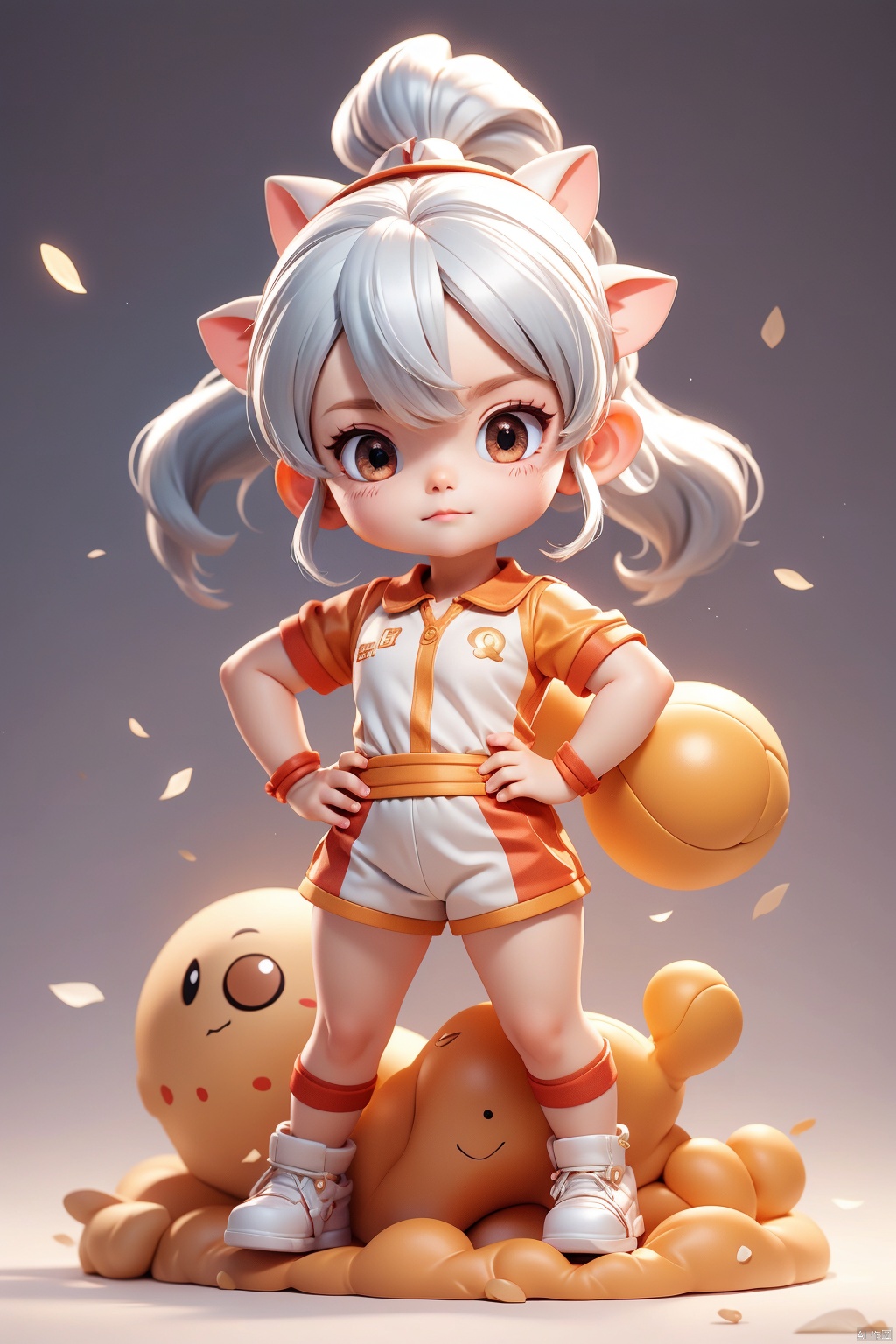 1 little girl, 2 years old, hands on hips, silver hair, side ponytail, solo, (Q version :1.6), IP, (firm expression :1.6), horns, animal features, blush, simple white background, basketball uniform,