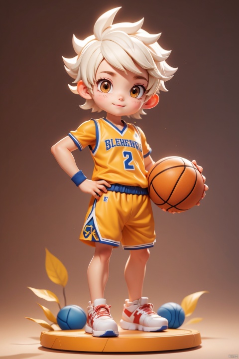 1 male, Animal IP, solo, (Q version :1.2), determined expression, short white hair, blush, basketball uniform, athletic figure, simple white background, hands on hips