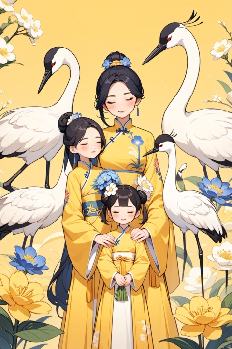 New Chinese, three women, mother and daughter, closed eyes, black hair, bun, flower, bird, hair decoration, standing, blush, long sleeve, yellow background, crane (animal), bun, blue flower, high ponytail, white flower, symmetrical composition, masterpiece, best quality, very aesthetic, absurd,