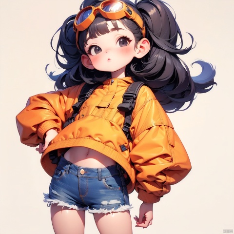 (Masterpiece), (best quality), Q Edition, 2.5 head body, Girl, Goggles, solo, colored hair, orange Clear Jacket, Denim Shorts, Simple background,