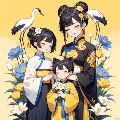 New Chinese, three girls, mother and son, closed eyes, black hair, bun, flower, cat, hair decoration, standing, blush, long sleeve, yellow background, crane (animal), bun, blue flowers, bangs, white flowers, symmetrical composition, masterpiece, best quality, very aesthetic, absurd,