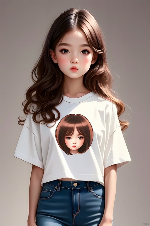 Girl, Q Edition, Illustration, Solo, Long hair, T-shirt, Brown hair,