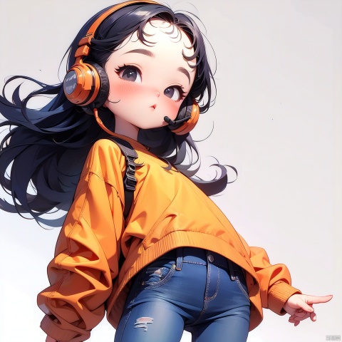  (Masterpiece), (best quality), Q Edition, 2.5 head body, Girl, headset, solo, Long hair, Orange coat, Jeans, Simple background,