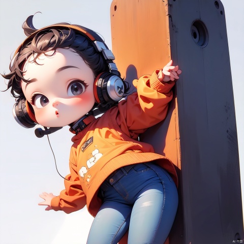  (Masterpiece), (best quality), Q Edition, 2.5 head body, Girl, headset, solo, Long hair, Orange coat, Jeans, Simple background,
