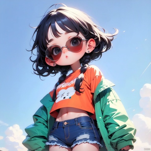  (Masterpiece), (best quality), Q Edition, 2.5 Head Body, Girl, Aviator Sunglasses, solo, colored hair, orange Clear Jacket, Denim Shorts, Simple background,