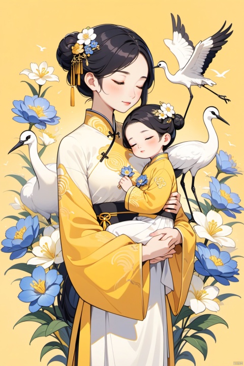 New Chinese, three, mother and child, closed eyes, black hair, bun, flower, bird, hair ornament, standing, blush, long sleeve, yellow background, crane (animal), bun, blue flower, bangs, white flower, symmetrical composition, masterpiece, best quality, very aesthetic, absurd,