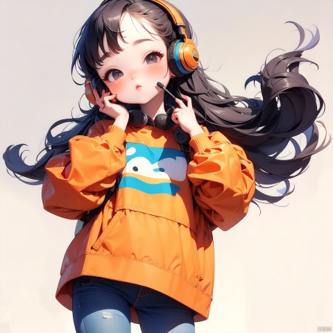 (Masterpiece), (best quality), Q Edition, 2.5 head body, Girl, headset, solo, Long hair, Orange coat, Jeans, Simple background,
