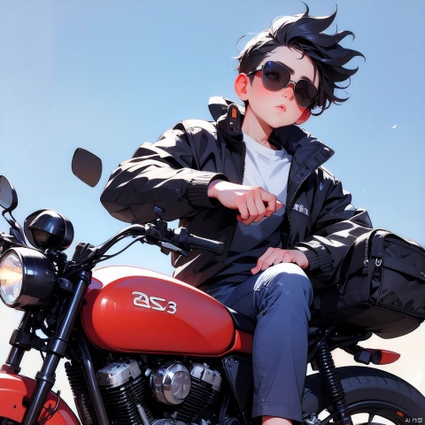 (Masterpiece), (Best quality), Q Edition, 2.5 Head body, Man, solo, messy hair, Motorcyclist, Sunglasses, Simple background,