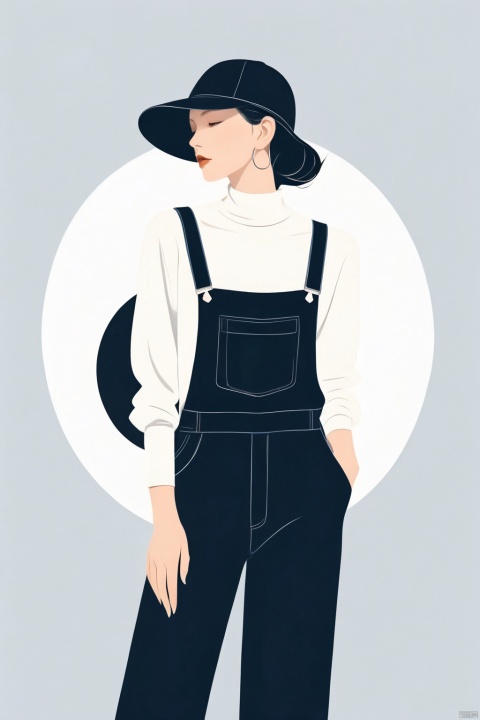 A beautiful woman with a simple overalls, illustration, minimalism, dreamlike picture, subtle gradients, calm harmony, elegant use of negative space, graphic design inspired illustration