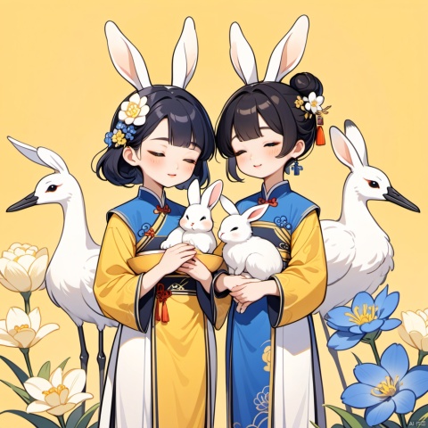 New Chinese, three girls, mother and son, closed eyes, black hair, bun, flower, rabbit, hair decoration, standing, blush, long sleeve, yellow background, crane (animal), bun, blue flowers, bangs, white flowers, symmetrical composition, masterpiece, best quality, very aesthetic, absurd,