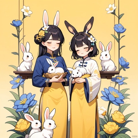 New Chinese, three girls, mother and son, closed eyes, black hair, bun, flower, rabbit, hair decoration, standing, blush, long sleeve, yellow background, rabbit (animal), bun, blue flowers, bangs, white flowers, symmetrical composition, masterpiece, best quality, very aesthetic, absurd,