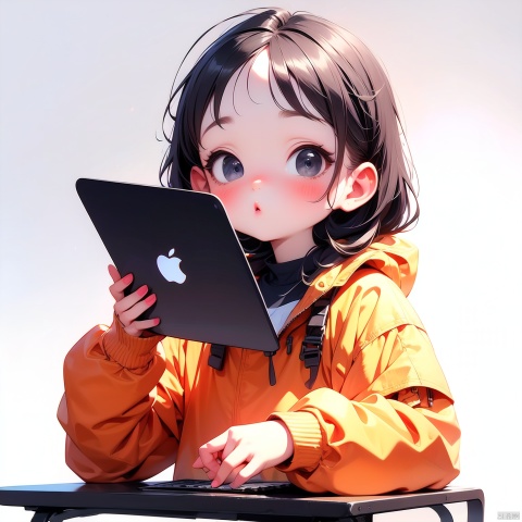 (Masterpiece), (best quality), Q Edition, 2.5 Head body, Girl, Laptop, solo, Highlights, orange Clear Jacket, Jeans, Simple background,