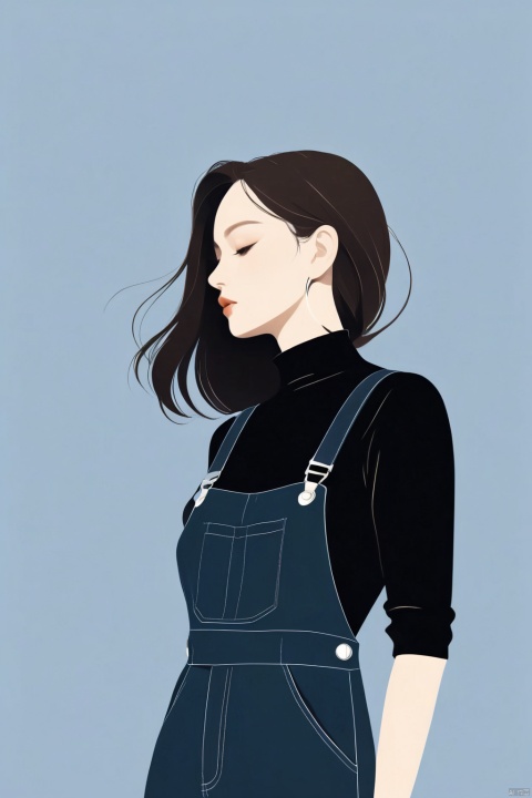 A beautiful woman with a simple overalls, illustration, minimalism, dreamlike picture, subtle gradients, calm harmony, elegant use of negative space, graphic design inspired illustration