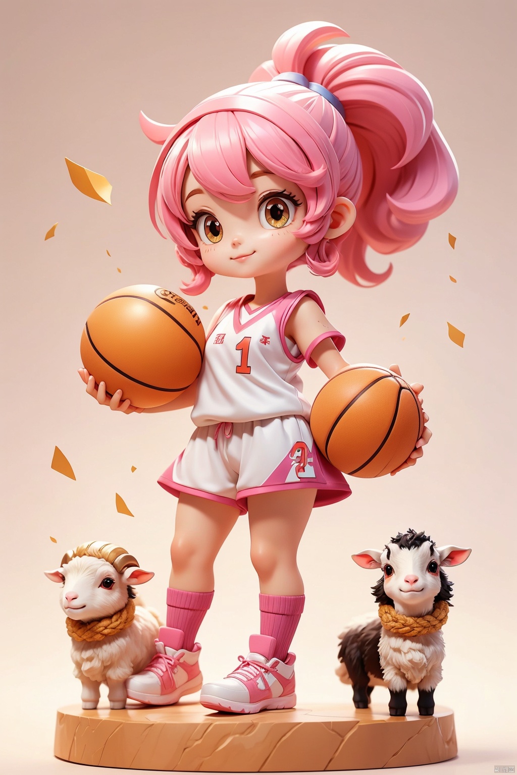 1 little girl, Animal IP, solo, (Q version :1.2), determined expression, goat horns, sheep tail, blush, basketball uniform, athlete figure, simple white background, pink hair, high ponytail, hands crossed