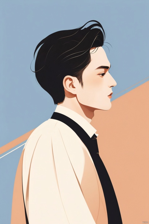 A handsome man with a simple workplace uniform, illustration, minimalism, dreamlike picture, subtle gradation, calm harmony, elegant use of negative space, graphic design inspired illustration