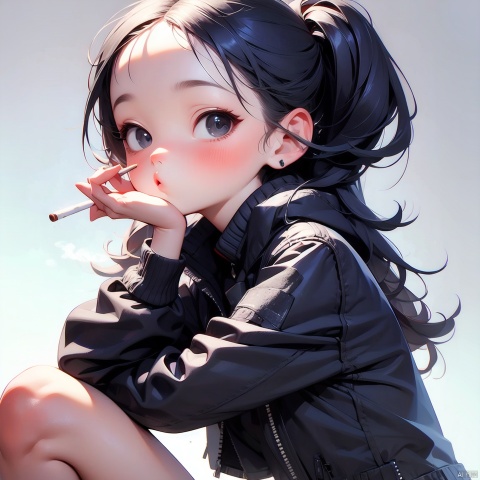 (Masterpiece), (Best quality), Q Edition, 2.5 Head Body, Girl, Detective, Black Coat, Jeans, Cigarette, solo, Long hair, Simple background,