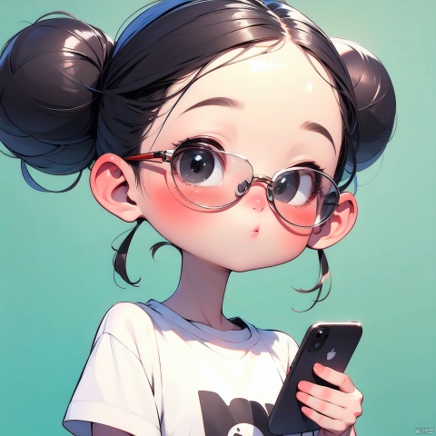 (Masterpiece), (Best quality), Q Edition, 2.5 Head Body, Girl, Solo, Shy, Bun Head, T-shirt, Glasses, Cell Phone, Simple Background,