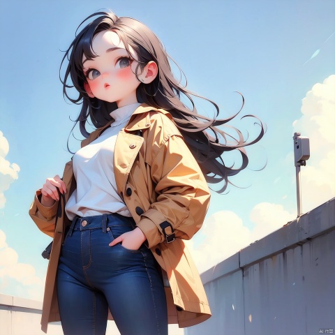 (Masterpiece), (best quality), Q Edition, 2.5 head body, Girl, Detective, Long trench coat, Jeans, Delicate cigarette, solo, Long hair, Simple background,