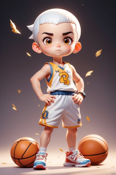 1 Little boy, (3 years :1.9), (Buzz cut :1.3), solo, (Q version :1.6), IP, hands on hips, determined expression, blush, basketball uniform, simple white background, white hair,