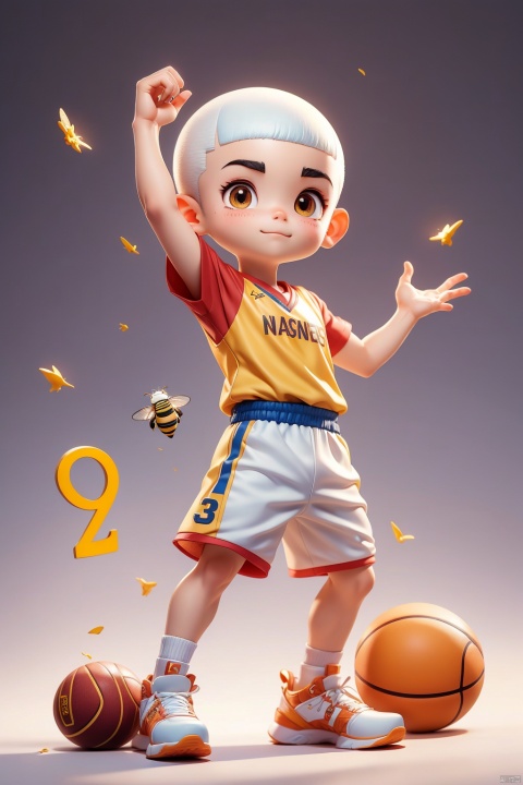1 Little boy, (3 years :1.9), (Buzz cut :1.4), solo, (Q version :1.6), IP, Stretch, smug, blush, basketball uniform, simple white background, white hair,