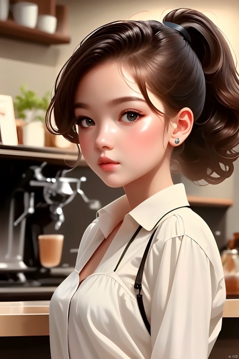 Girl, Q Edition, Illustration, Solo, High ponytail, Barista, Brown hair, depth of field