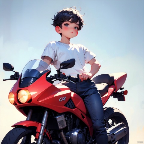 (Masterpiece), (Best quality), Q Edition, 2.5 Head body, Man, solo, motorcyclist, White T-shirt, Simple Background,