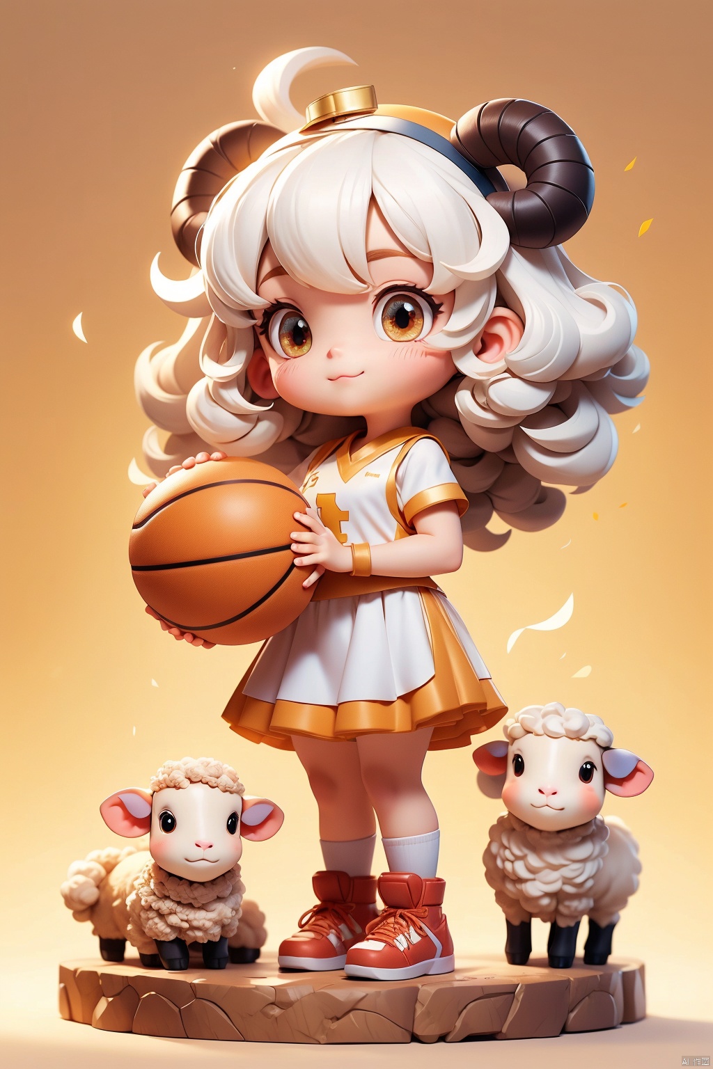 1 girl, (3 years :1.9), solo, (Q version :1.6), IP, determined expression, sheep horns, animal features, blush, basketball uniform, simple white background, white hair, sheep curls, hands crossed
